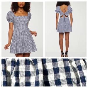 B. Smart Gingham Plaid Fit & Flare Dress NWT Size 9 Navy White Tie-Back